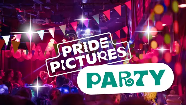 Ein Party Raum im Hintergrund und im Vordergrund der Schriftzug: "Pride Pictures Party"