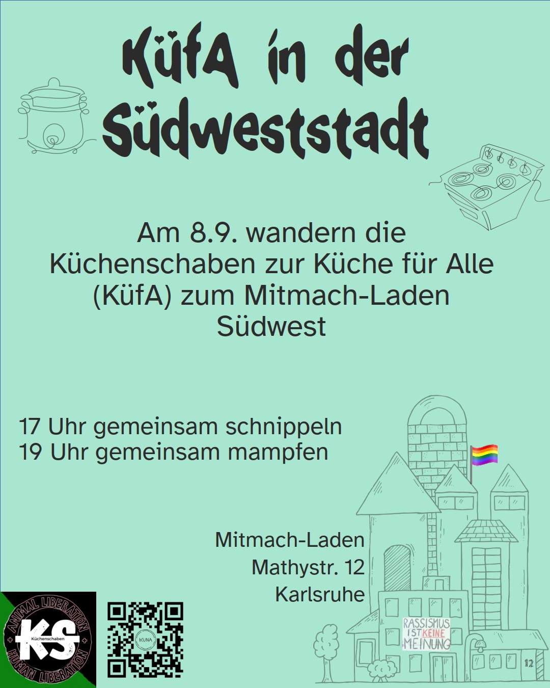 Flyer für die KüfA am 8. Septembert die ausnahmsweise im Mitmachladen statt im Kuna stattfindet