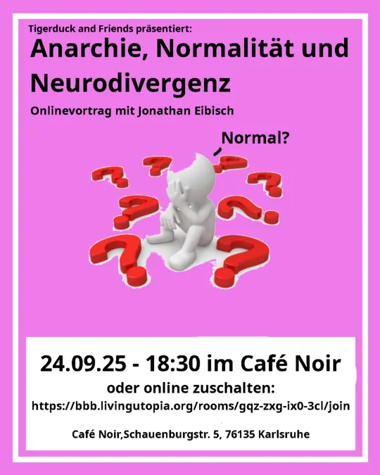 Pinkes Plakat mit einer Normal? fragenden Person und vielen roten Fragezeichen