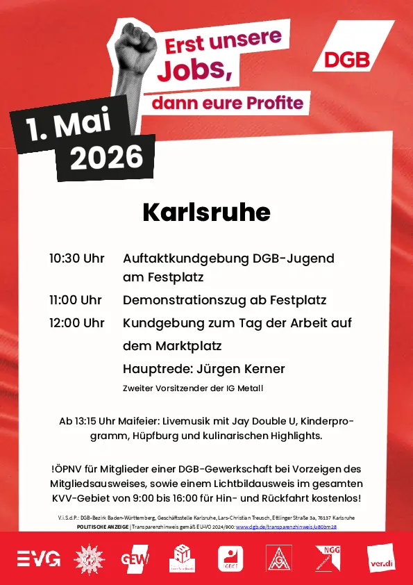 Plakat: 1 Mai 2026 mit Zeitplan