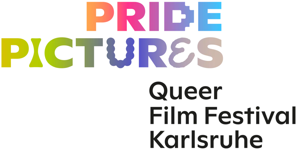 Ein bunter Schriftzug: "Pride Pictures". Darunter rechts der schwarze Schriftzug: "Queer Film Festival Karlsruhe"