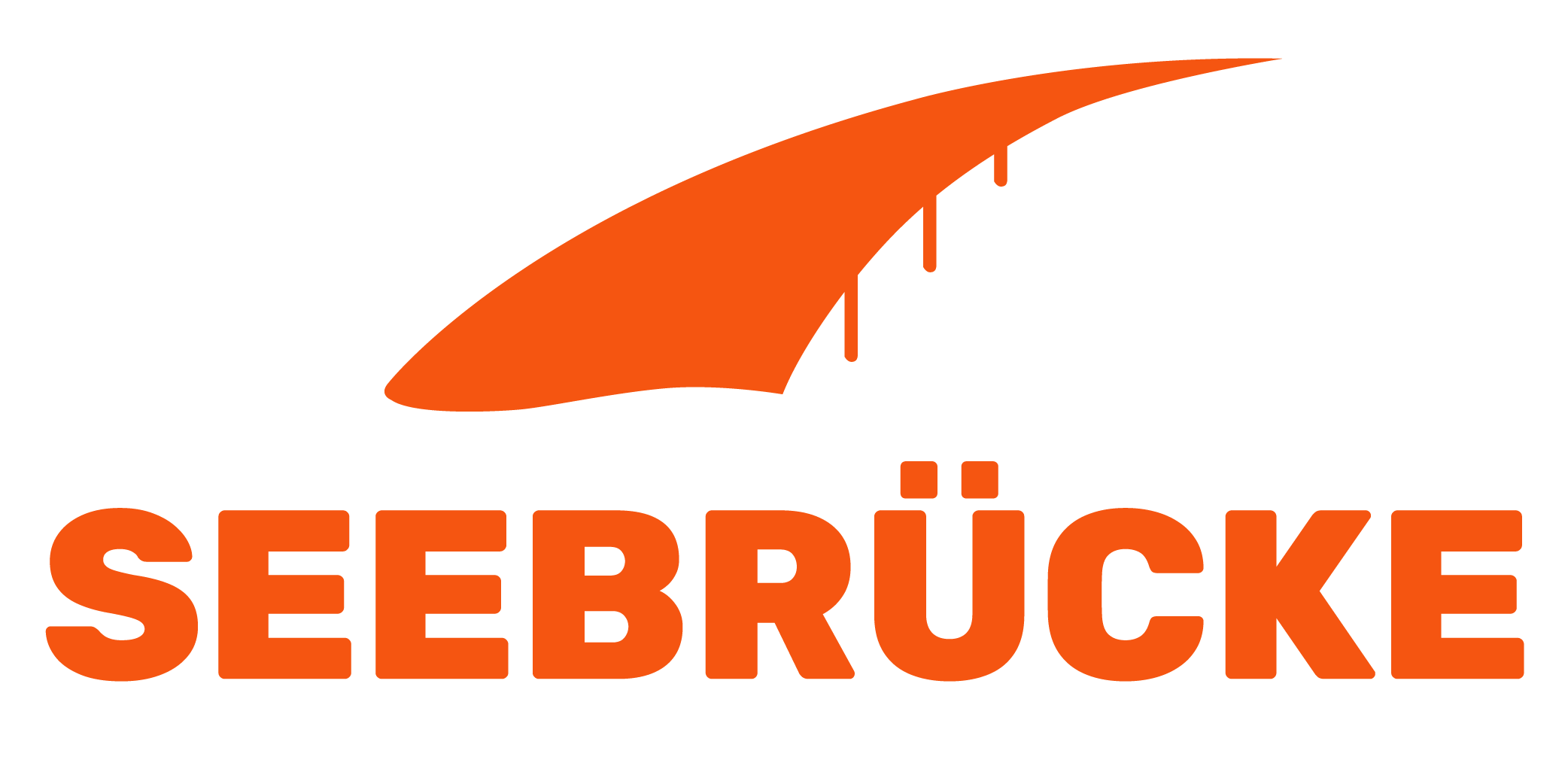 Eine orangene stilisierte Haifischflosse darunter in orange der Schriftzug SEEBRÜCK.