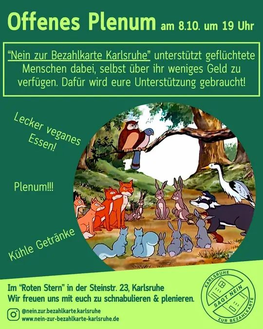 Ein grünes Info-Sharepic mit Tieren, die in einem Kreis sitzen.